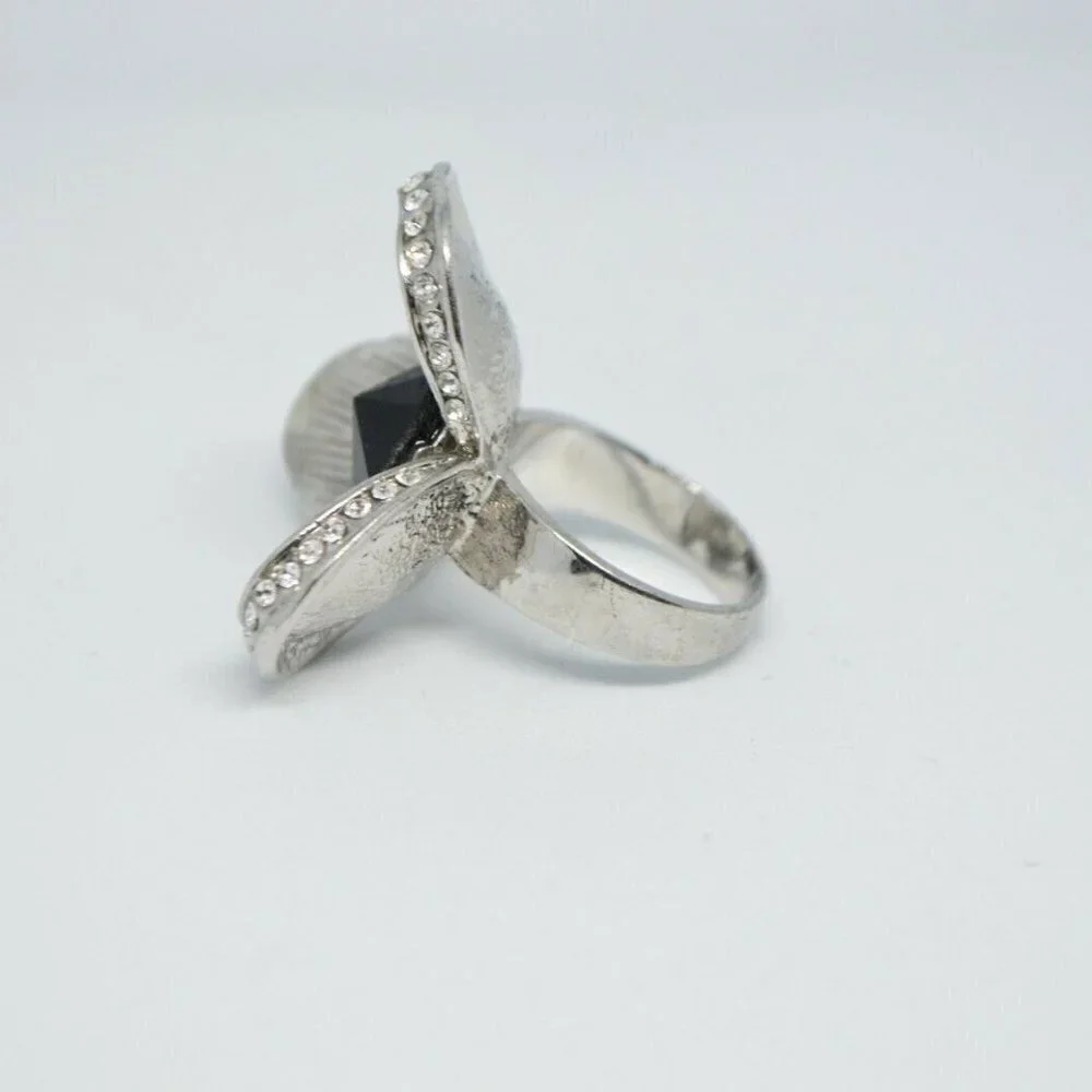 Clear Black Glass Rhinestone 3D Flower Silver Tone